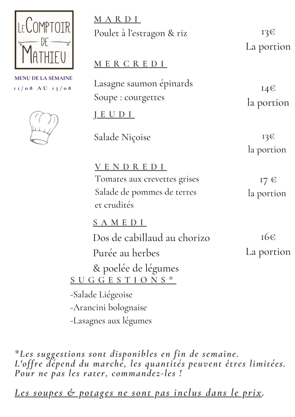 Menu de la semaine du 9 septembre 2025 au 13 septembre 2025