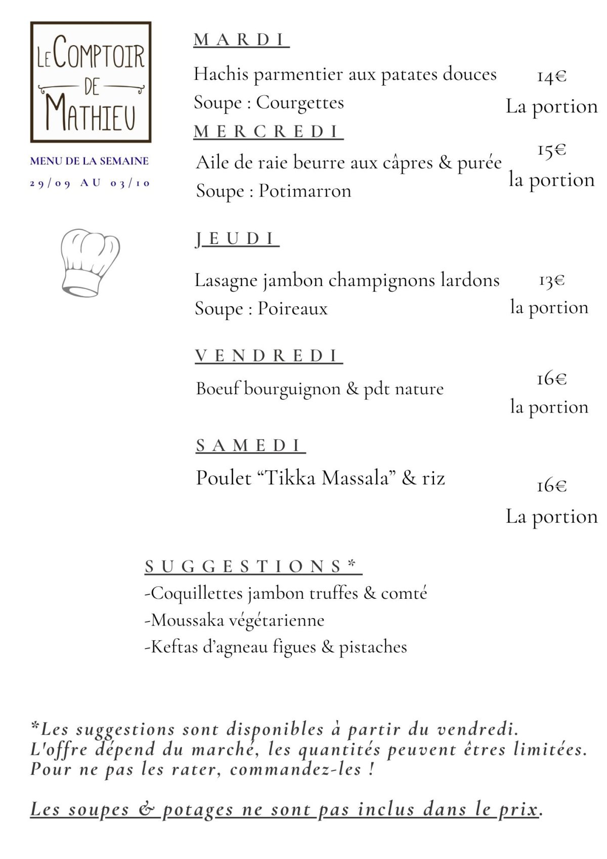 Menu de la semaine du 9 septembre 2025 au 13 septembre 2025